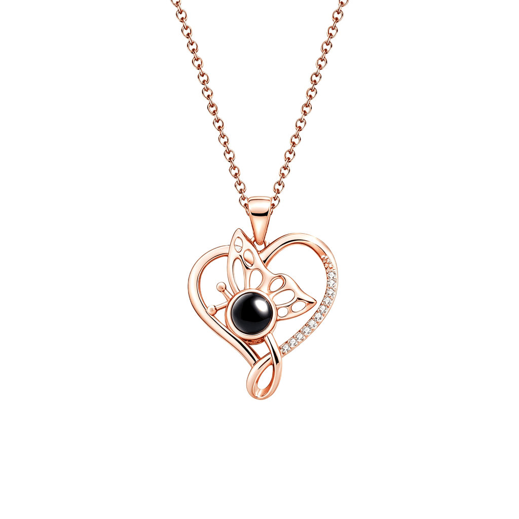 Rose gold butterfly photo projection necklace on model