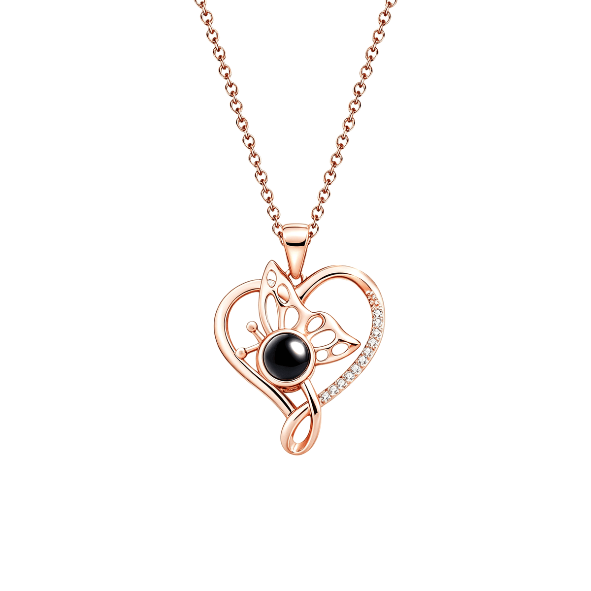 Rose gold butterfly photo projection necklace on model