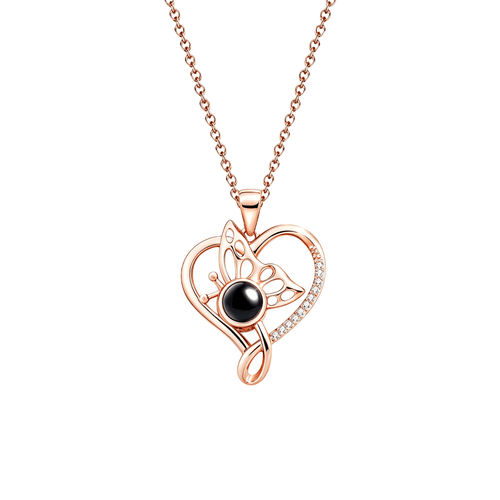 Rose gold butterfly photo projection necklace on model