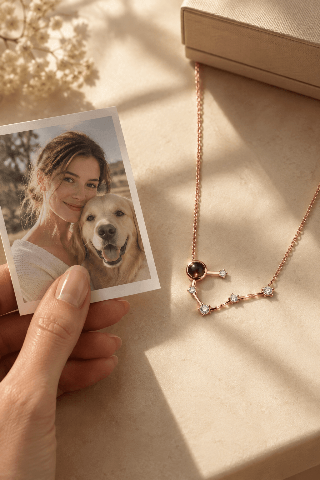 Constellation Photo Projection Necklace showing personalized photo projection