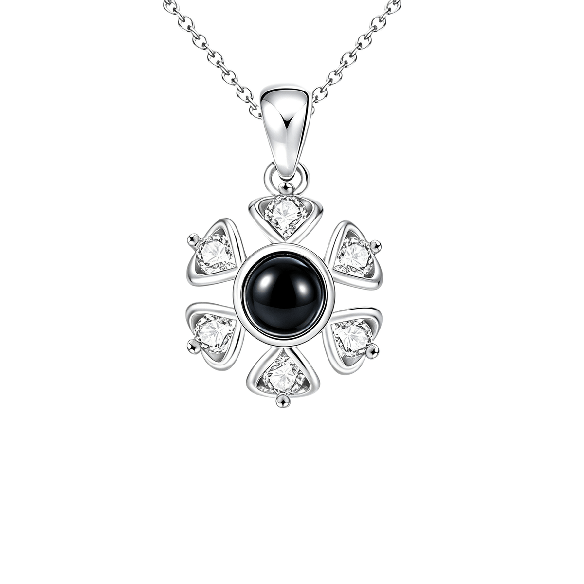 Close-up detail of the flower photo projection necklace