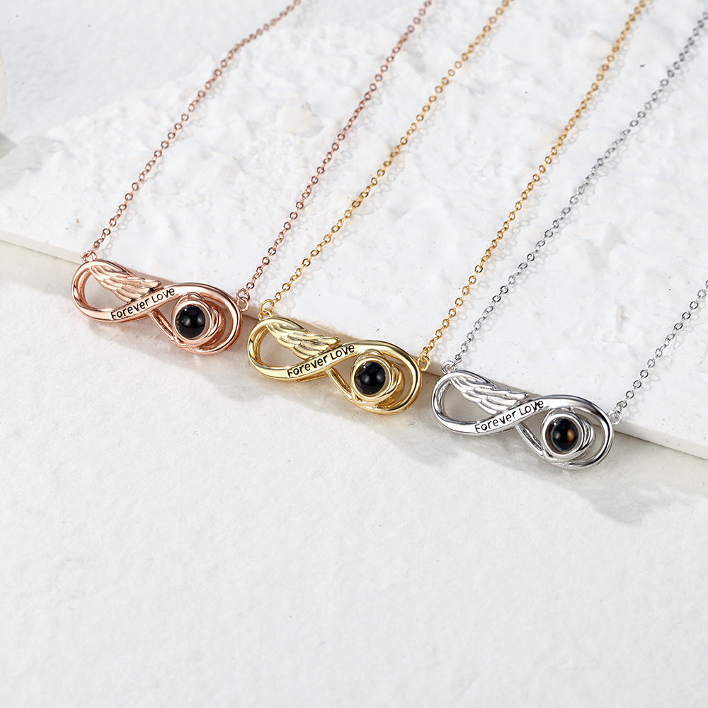 Close-up detail of the infinity love photo projection necklace