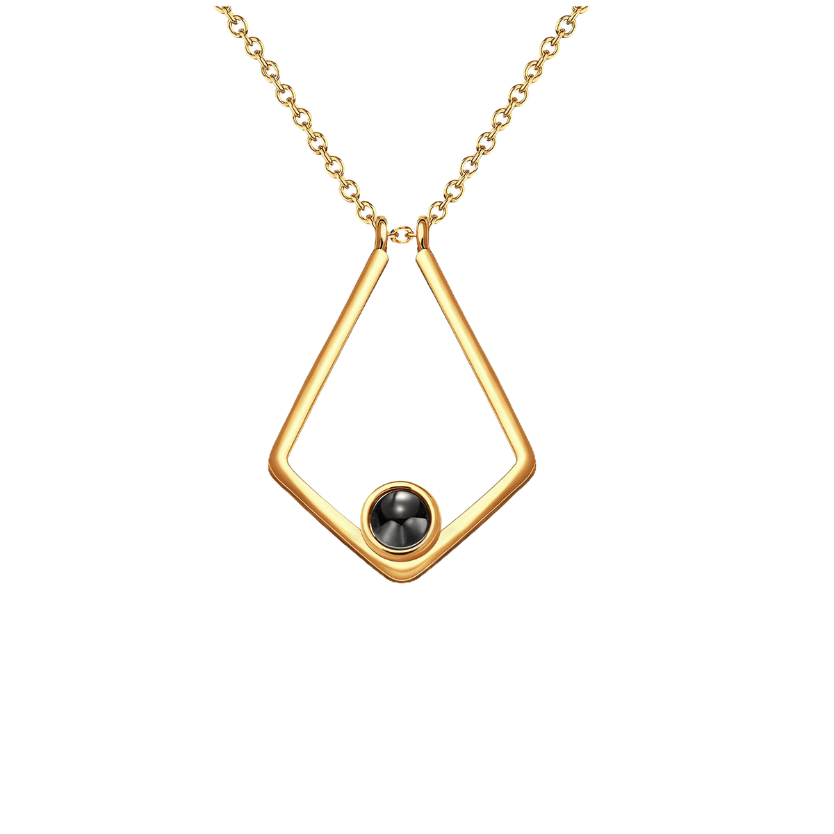 Close-up of polygon photo projection necklace pendant
